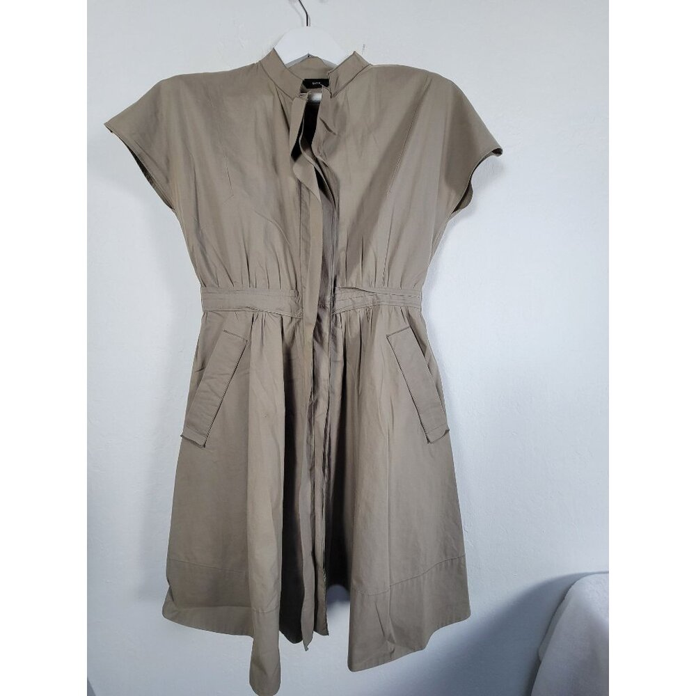 Satin Womens Beige Zip-Front Short Sleeve Mini Dress Pockets Lightweight Casual